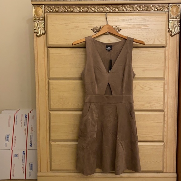 BNWT LAREINE FAUX SUEDE taupe grey v neck cute dress with cutout size small - Picture 2 of 5